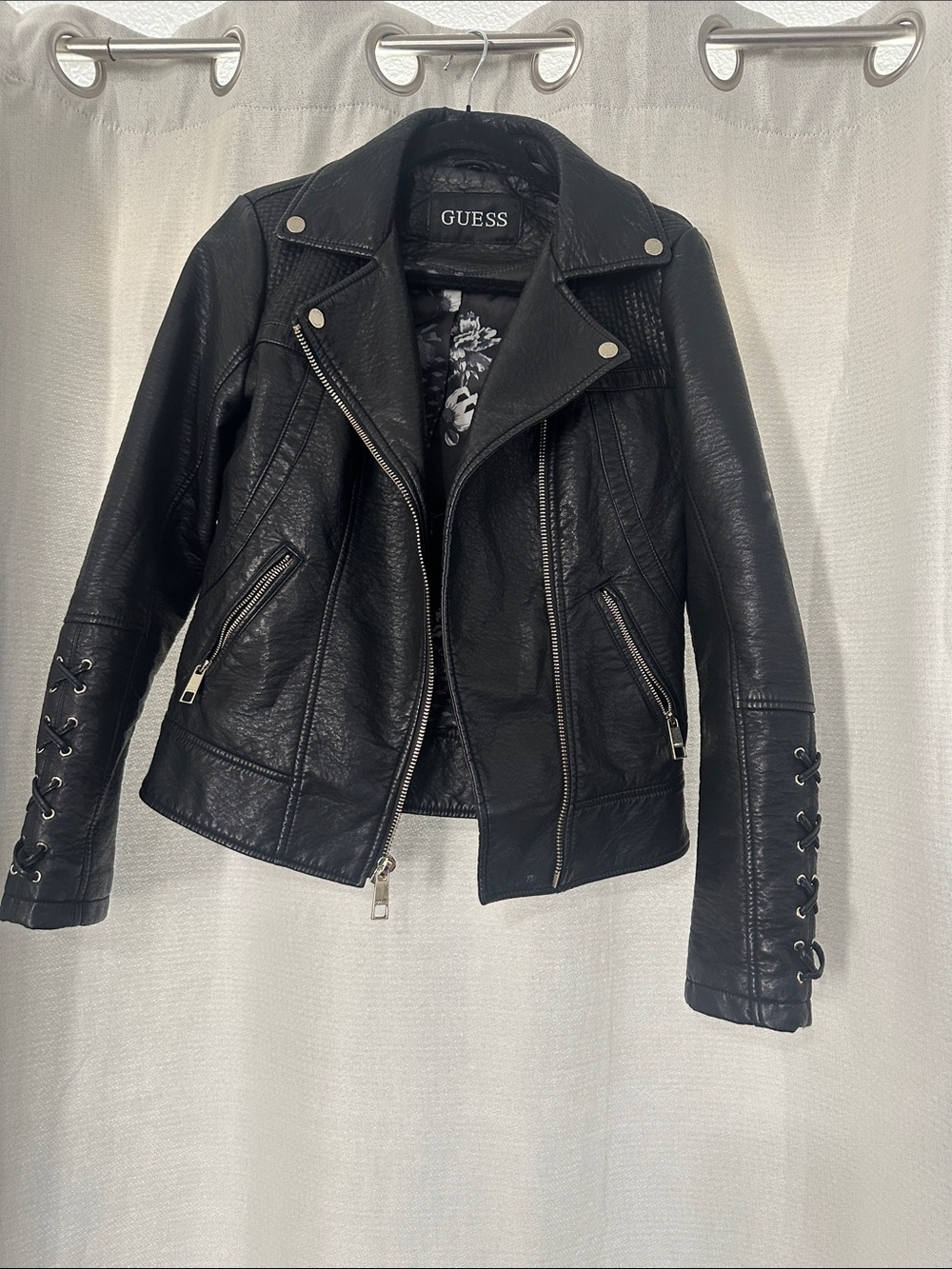 GUESS Black Faux Leather Lace-Up Sleeve Moto Jacket
